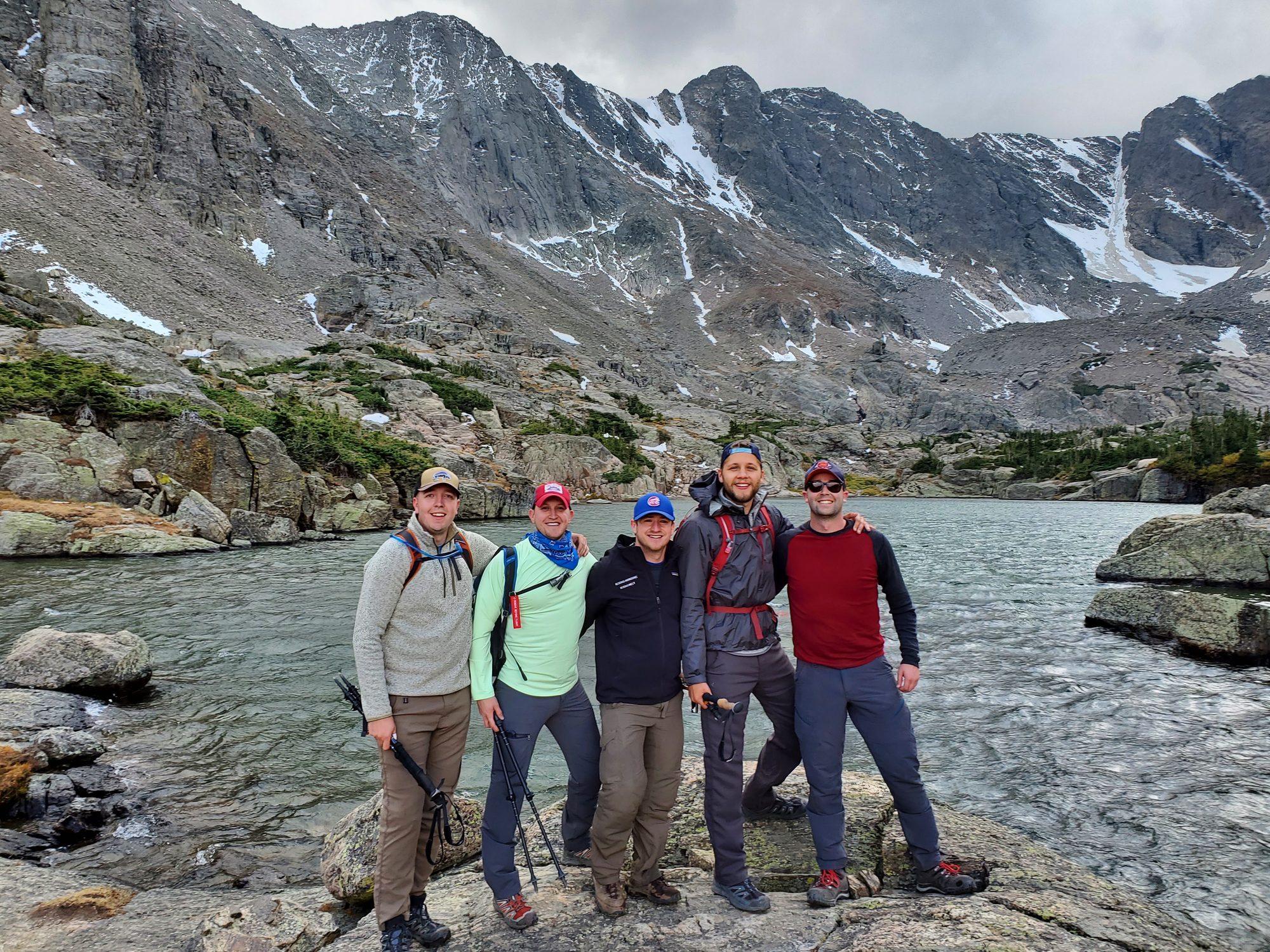 The five of us beside an alpine lake in Rocky Mountain